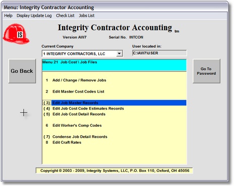 Job Cost Master Files Menu