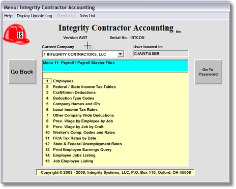 Payroll Master Files Menu