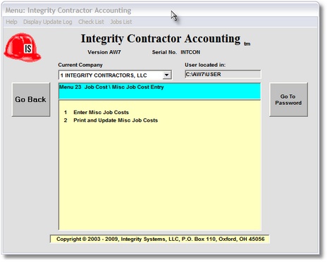Miscellaneous Job Cost Menu