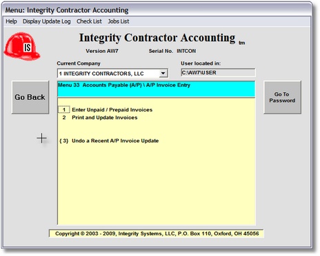 A/P Invoice Entry Menu