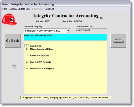 Accounts Receivable & Billing Menu