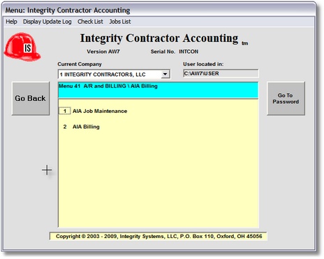 AIA Billing Menu