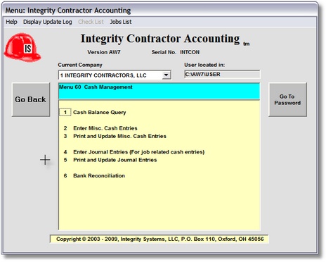 Cash Management Menu
