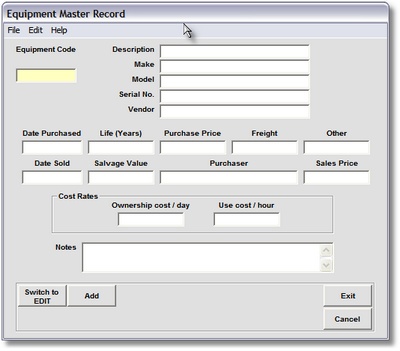 Equipment Master Record Add / Change / Delete