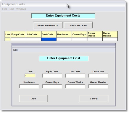 Equipment Costs Entry