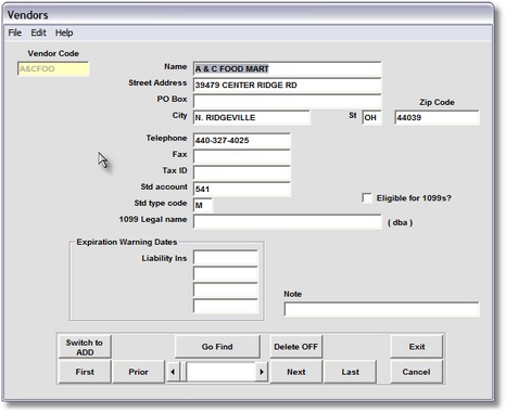 Vendor Master File