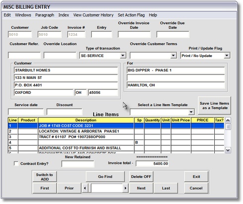 Miscellaneous Billing Entry Showing Line Items Miscellaneous Billing Entry Showing Line Items